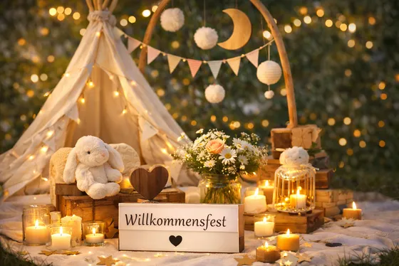 Festlich geschmückter Platz für ein Willkommensfest mit Tipi, Lichterketten und Kerzen